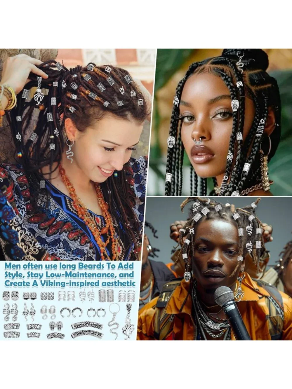 Viking Hair Accessories Set - 247 Pcs Norse Runes Beads, Metal Cuffs & Dreadlock